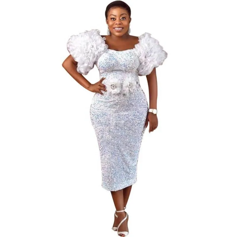 

Evening Long Africa Dress Women Ruched Mesh Splice Puff Sleeve Outfits Fashion New Appliques Sequin African Party Dress Vestidos