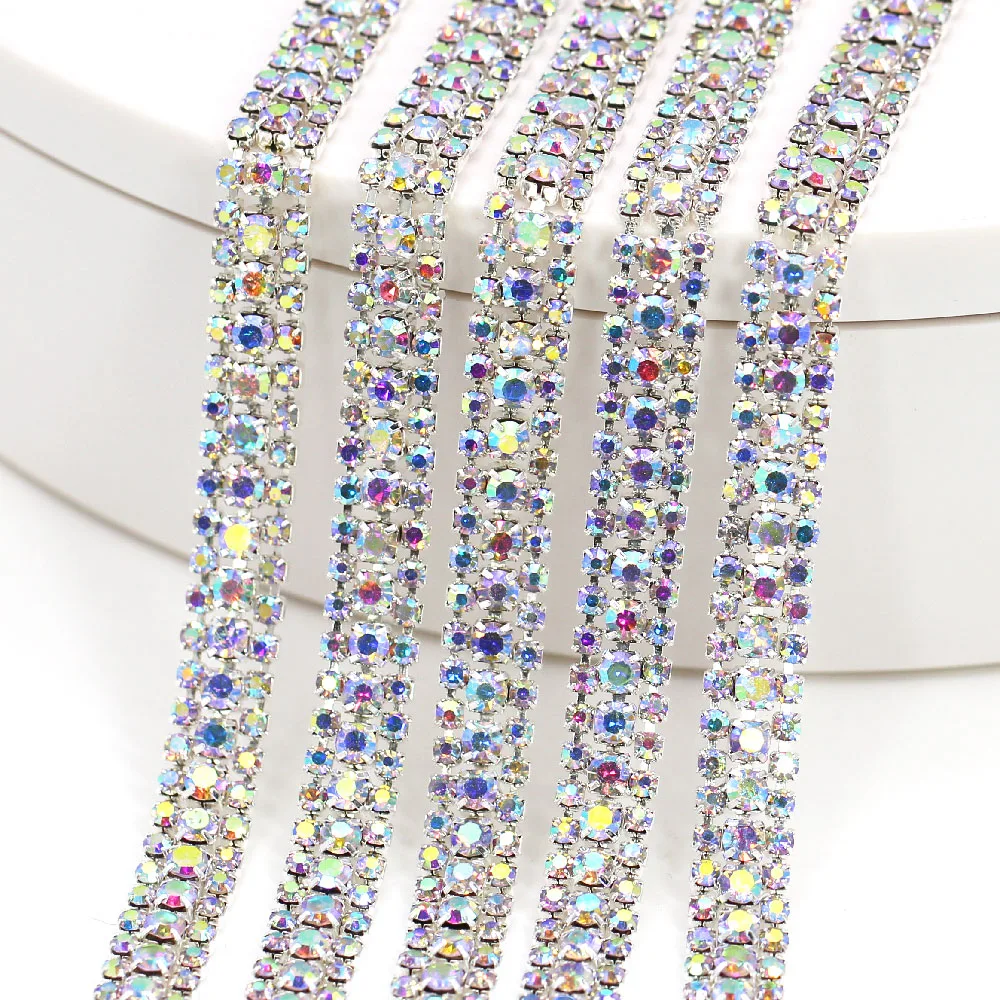 Стразы AB 3 ряда Золотая/Серебристая основа цепочка для пришивания стразы