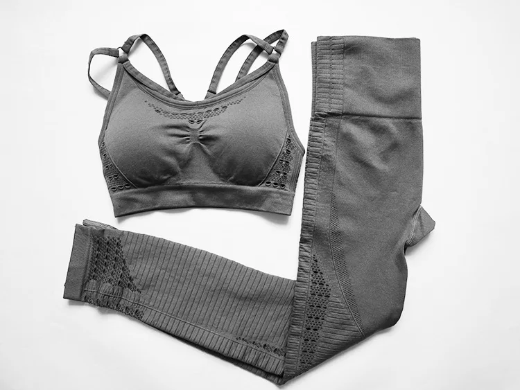 

Bra 2Pcs Yoga Set Sportswear Seamless Leggings+Strappy Women Gym Fitness Clothing High Waist Yoga sport Leggings Set