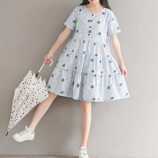 Ori/летнее женское синее платье с оборками хлопковое льняное свободное Vestidos Femininos