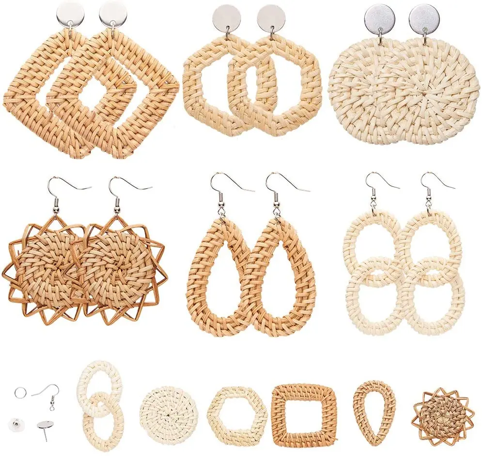

1 Bag DIY Make 6 Pairs Wicker Rattan Earrings Making Starter Kit Lightweight Bohemia Geometric Weave Raffia Braid Jewelry Making