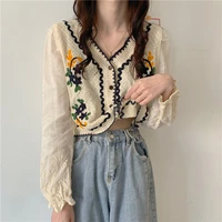 korean style flower embroidery vintage stylish single bknitted reasted women elasticity cropped cardigan sweater female summer