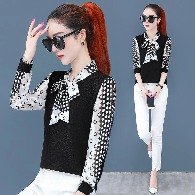 Женские весенне-осенние стильные женские блузки рубашки повседневные в горошек