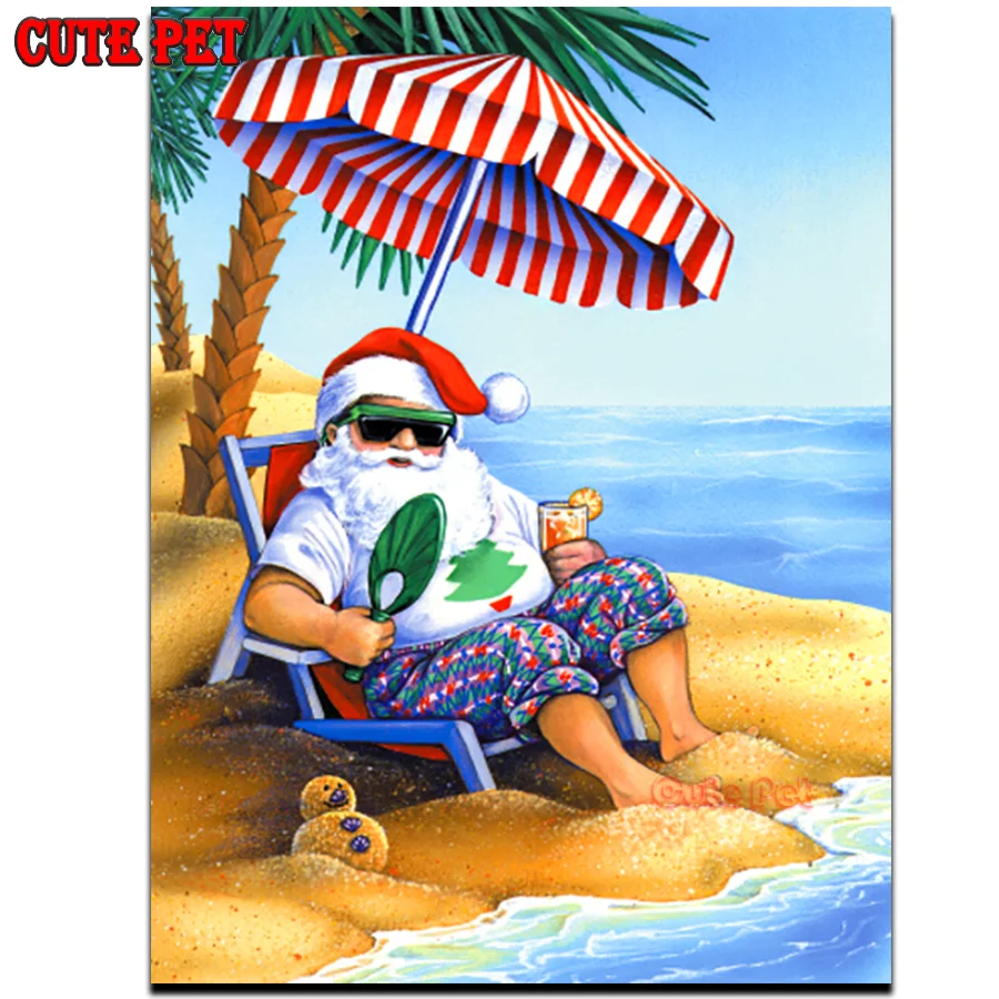 

DIY Diamond Painting Cross Stitch Santa on Beach Christmas diamond Embroidery Full Square Diamond Cross Stitch Rhinestone Mosaic
