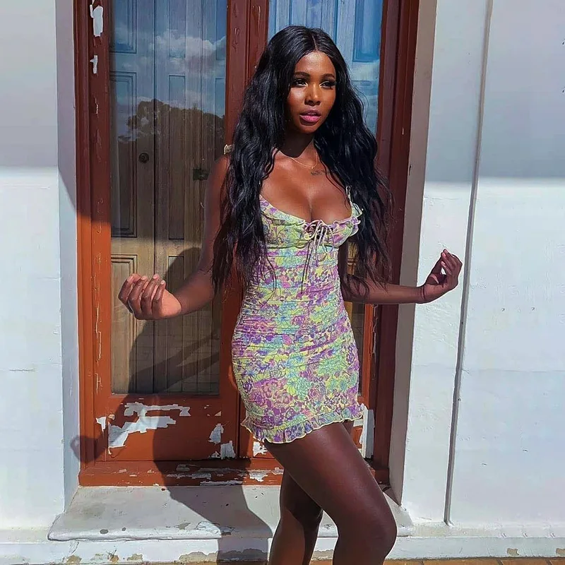 

Summer New Fashion Floral Print Tight Sling Ladies Mini Dress Lace-up Sexy Wrap Buttocks Short Skirt Party Clothing Club