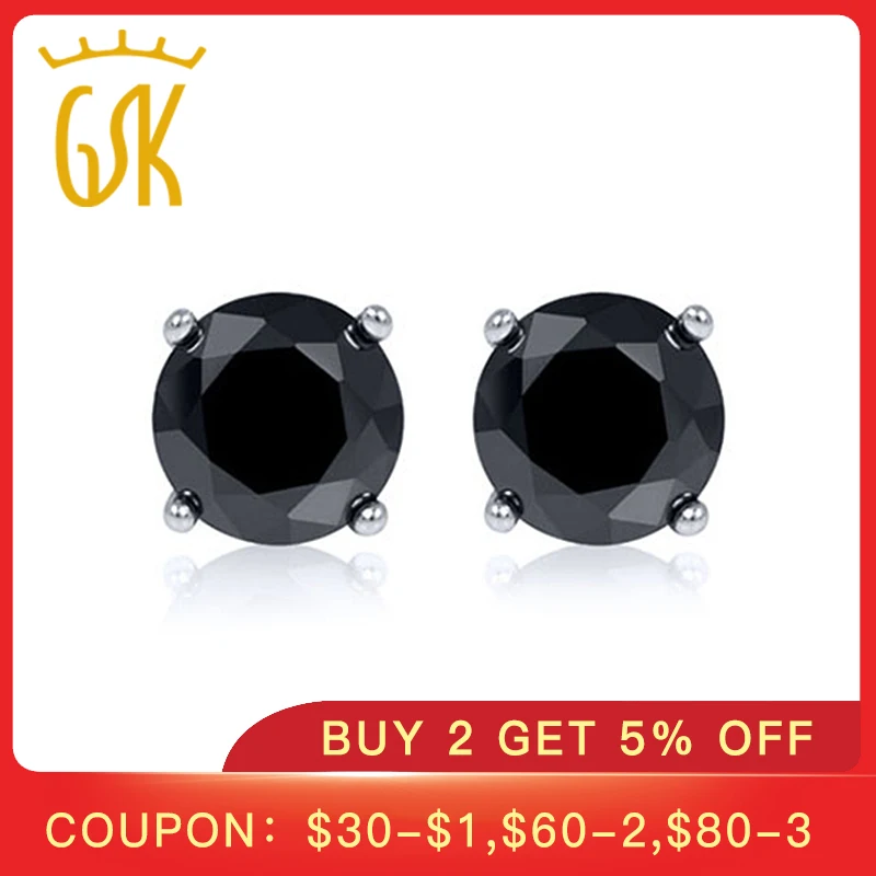 Женские круглые серьги гвоздики с натуральным черным бриллиантом 14K белое золото