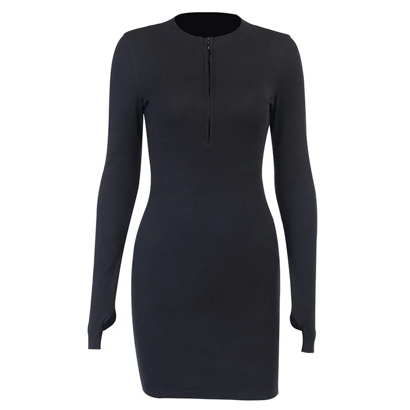 

2020 New Women's Autumn and Winter Ribbed Dress Stand-up Collar Zipper Deep V-neck Solid Color Stretch Dress Deep V Dress