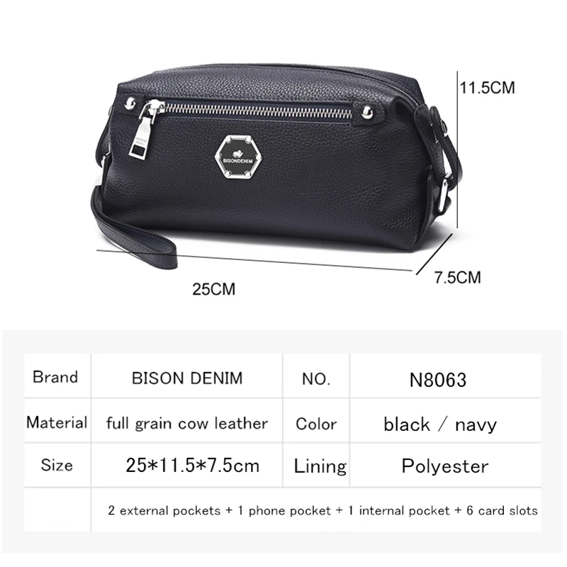BISON DENIM Cowskin Кожаный клатч для мужчин из натуральной кожи Длинный карман бумажник на молнии дизайнерский мягкий брендовый мужской кошелек N8063