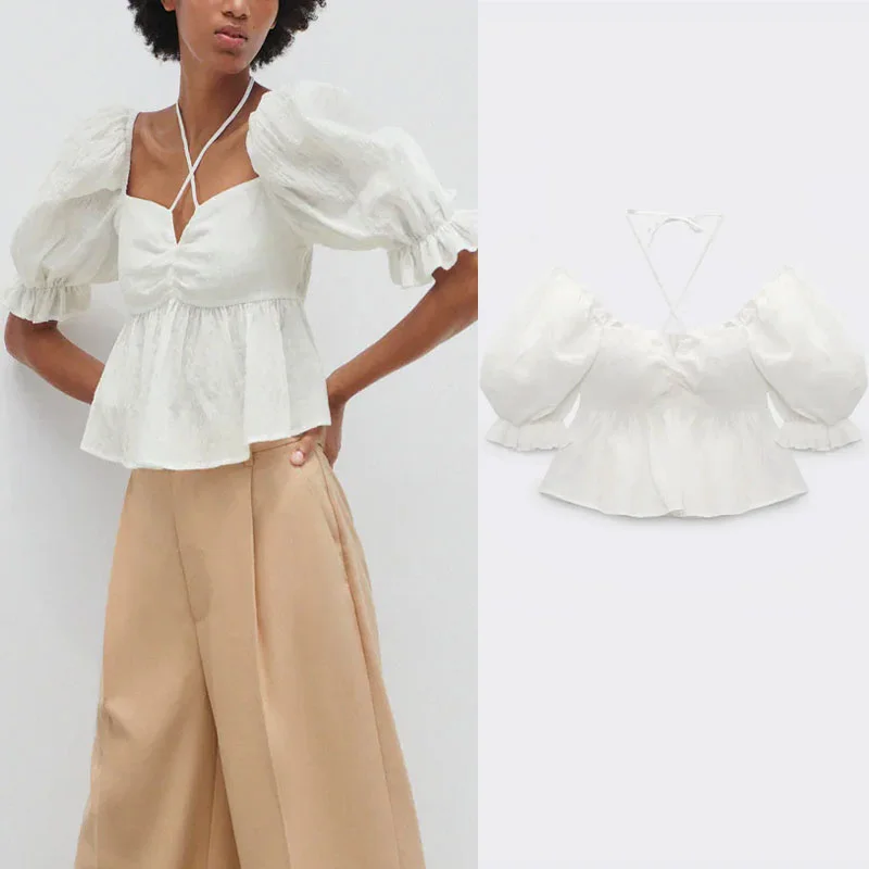 

ZA 2021 White Peplum Tops Women Summer Tied Bow V-neck Short Puff Sleeve Casual Blouse Fashion Ruffle Hem Elegant Feminine Top