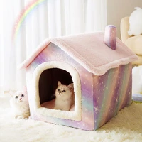 pink starry pet house warmer dog kennel soft pet bed small cat tent indoor semi enclosed plush sleeping resting nest removable