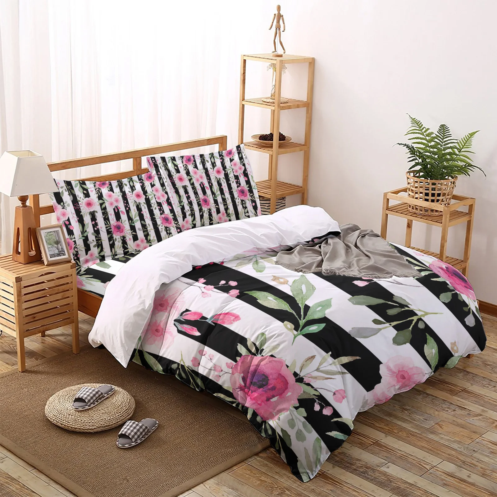 

Spring Pink Flowers Black Stripes Wedding Pattern Bedding Set Sheet Linens Duvet Cover Set For Bed Cover Pillowcase For Home
