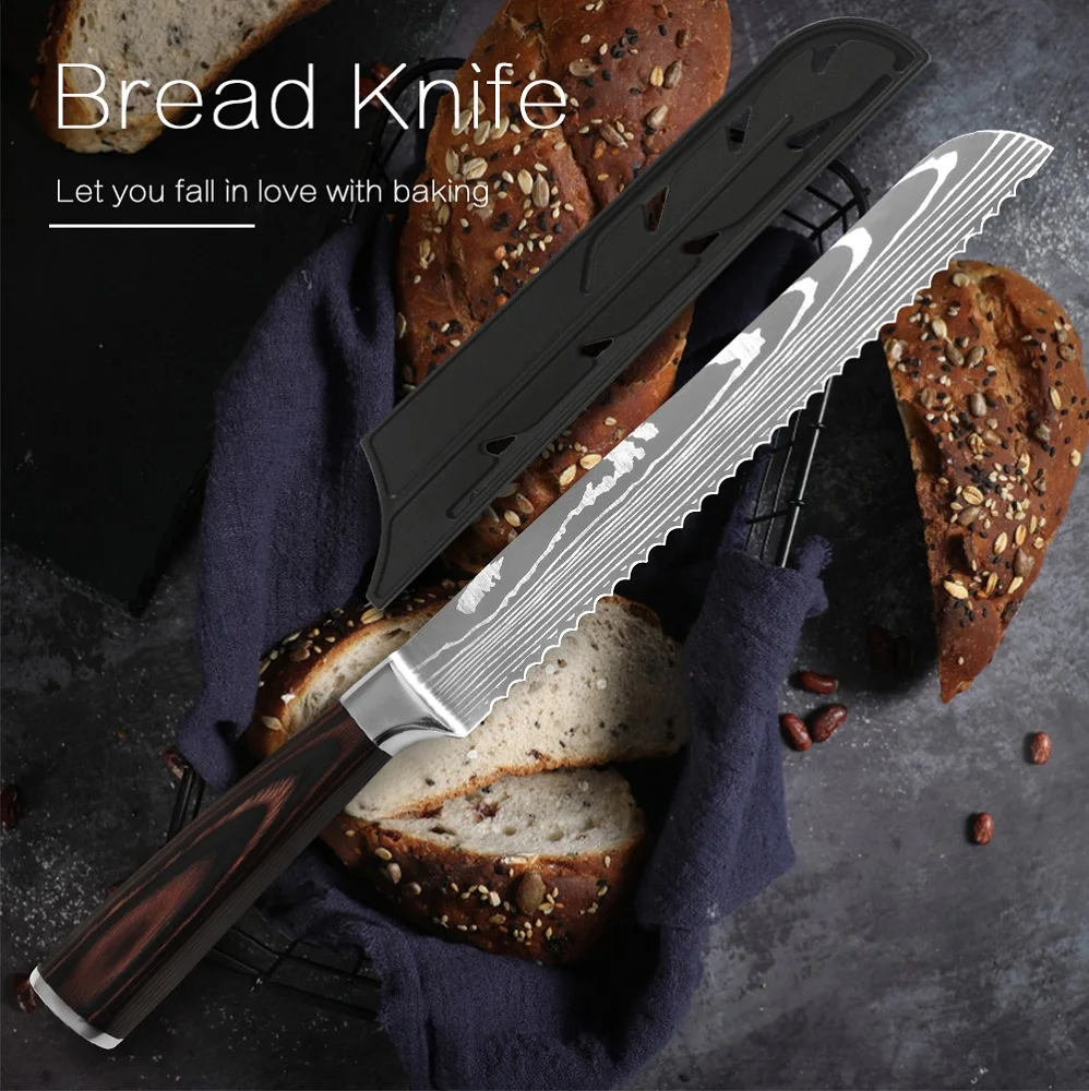 Кухонный хлебный нож с зубчатым дизайном лазерное лезвие из дамасской