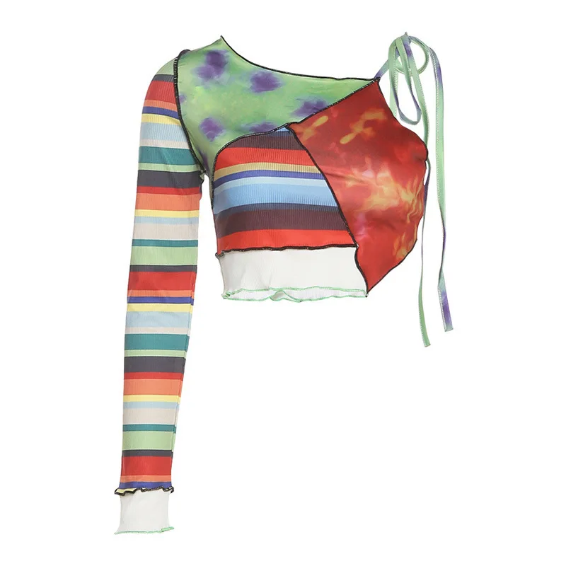 

2021 Summer Fashion Women's New Products Inclined Shoulders Sexy Navel Slim Slim Color Matching T-shirt Women