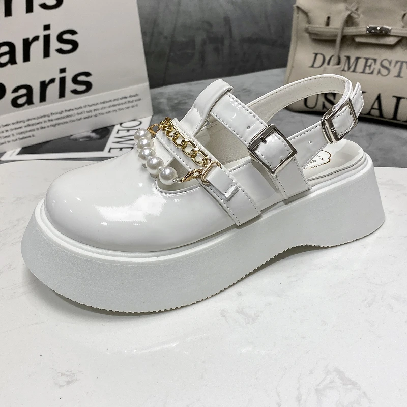 

Sandals Women Summer Shoes Patent Leather Pearl Chain Handcrafted Women's Shoes Thick Bottom High Quality Black Women Sandals