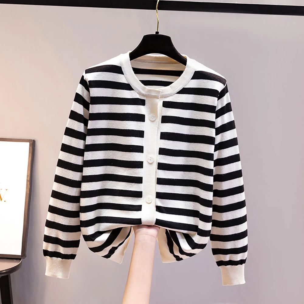 

Женский вязаный кардиган с длинным рукавом, элегантный свободный мешковатый топ в полоску, на пуговицах, с круглым вырезом, в стиле пэчворк, ...