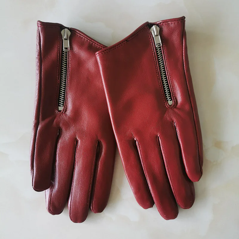 Pure Sheepskin Genuine Leather Woman Gloves Short Style Red With Zipper European Version French Elegance Female Mittens TB84