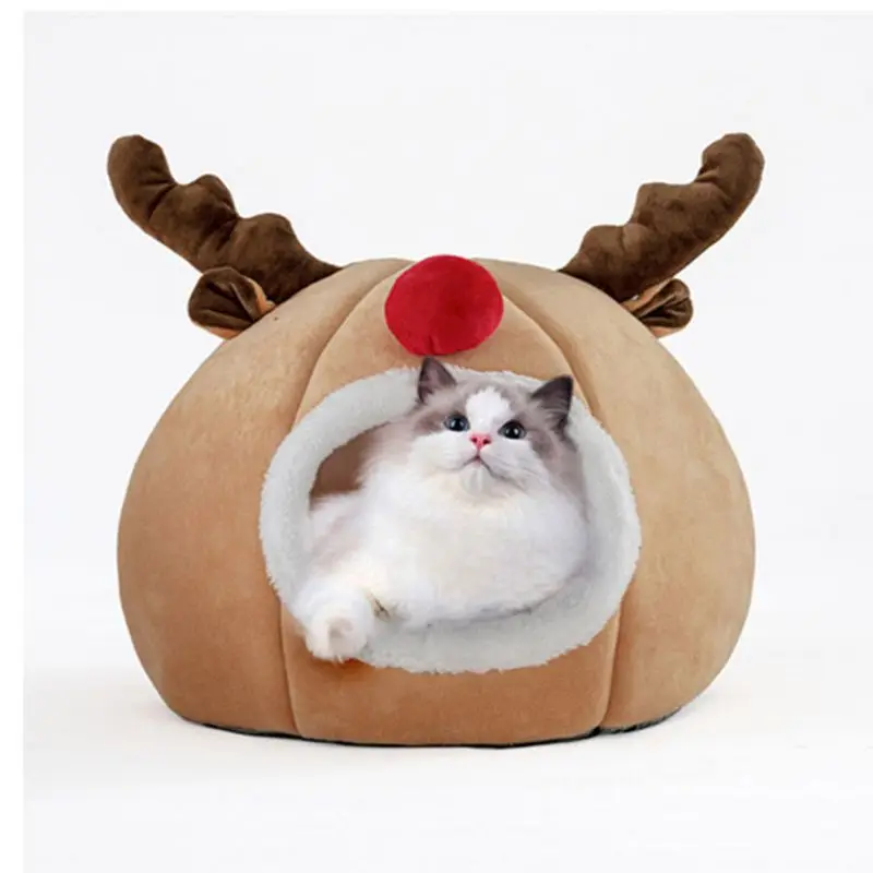 

Pet Cats Soft Sleep Bed Warm House Plush Mat Cats Autumn Winter Stereo Sponge Litter Christmas Reindeer Humps Pets Cages
