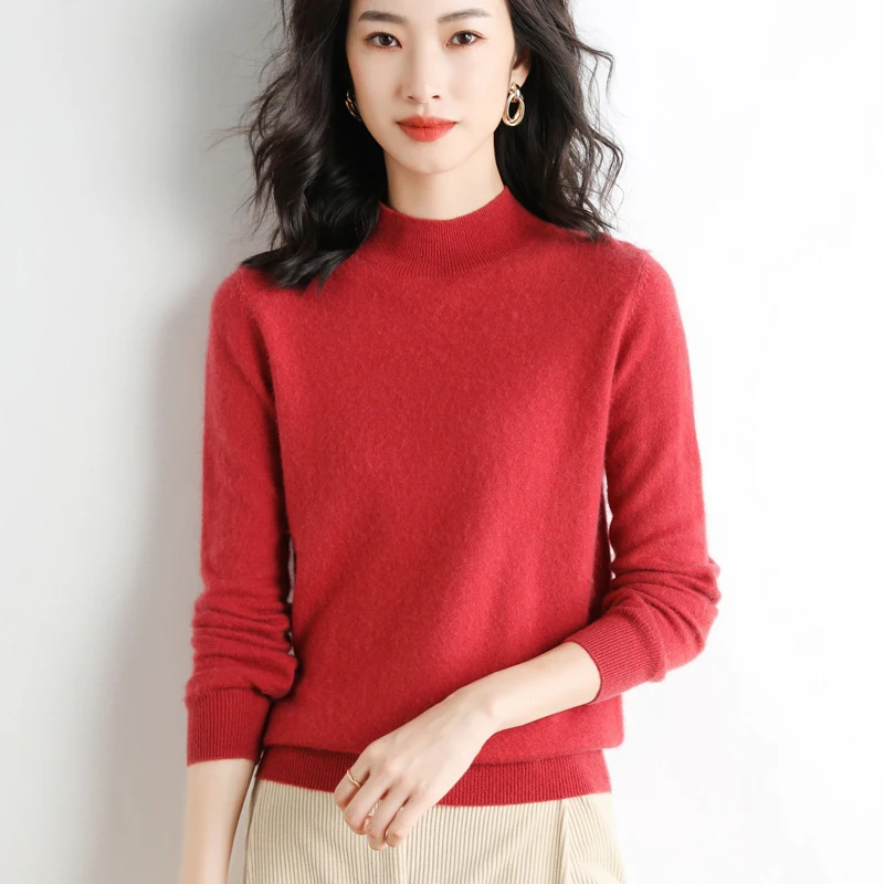 

Long-sleeved, Mid-high Collar Sweater for Women, Knit, Shirt in Heat, Solid Color, Self-cultivation, Easy to Match, Fall and Win