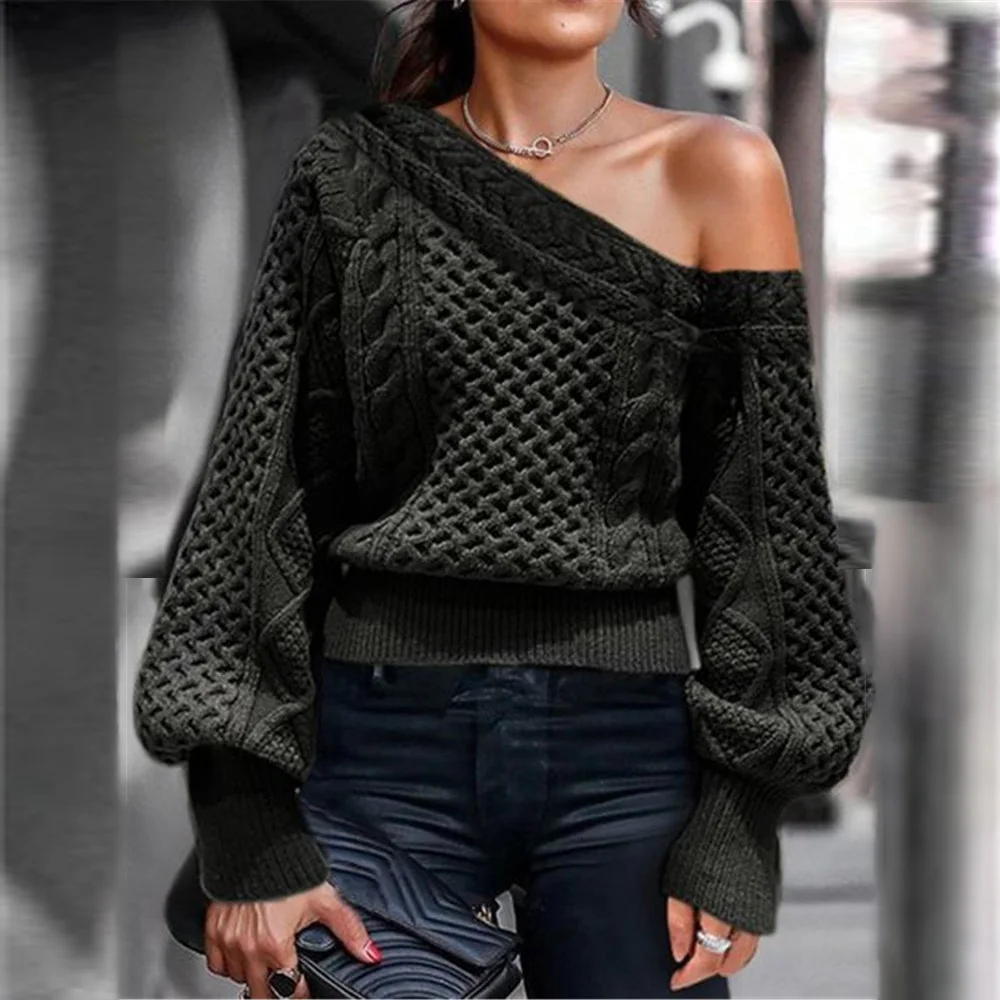 

Женский Зимний новый свитер, куртка, повседневный модный трендовый однотонный топ с длинными рукавами-фонариками и воротником «одно слово»...