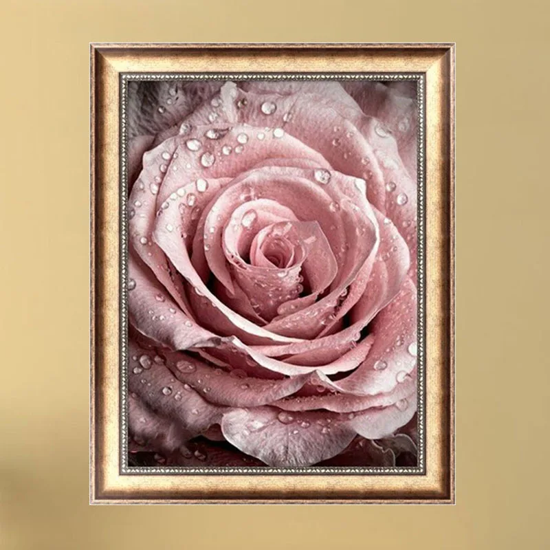 Розовый росы розы цветок пейзаж полная выкладка DIY 5D круглый бриллиант Алмазная