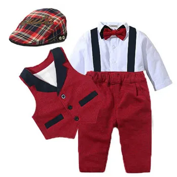 Baby Suits Newborn Boy Clothes Romper + Vest + Hat Formal Clothing Outfit Party Bow Tie Children Toddler Birthday Dress 0- 24 M 1