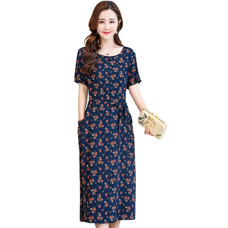 

2021 Summer Long Dresses Women Short Sleeve o-Neck Vintage Plus Size XL-5XL Dress Elegant Loose Casual Floral Print Dress