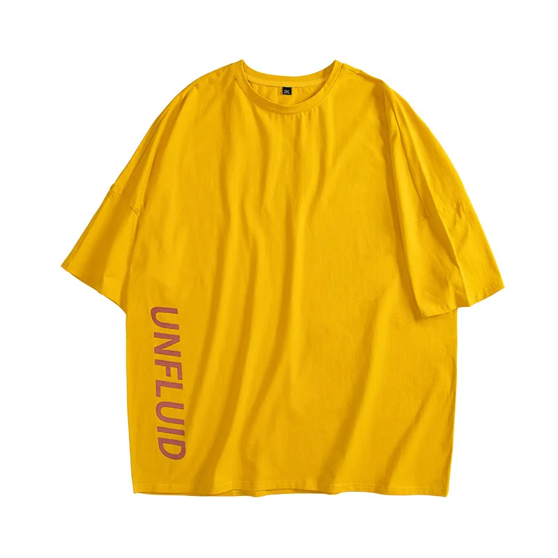 

New 2021 Letter Print Oversized Yellow T Shirt Men Loose T-shirt Fat man Tops Crew Neck Cotton Casual Tee Shirt Clothes