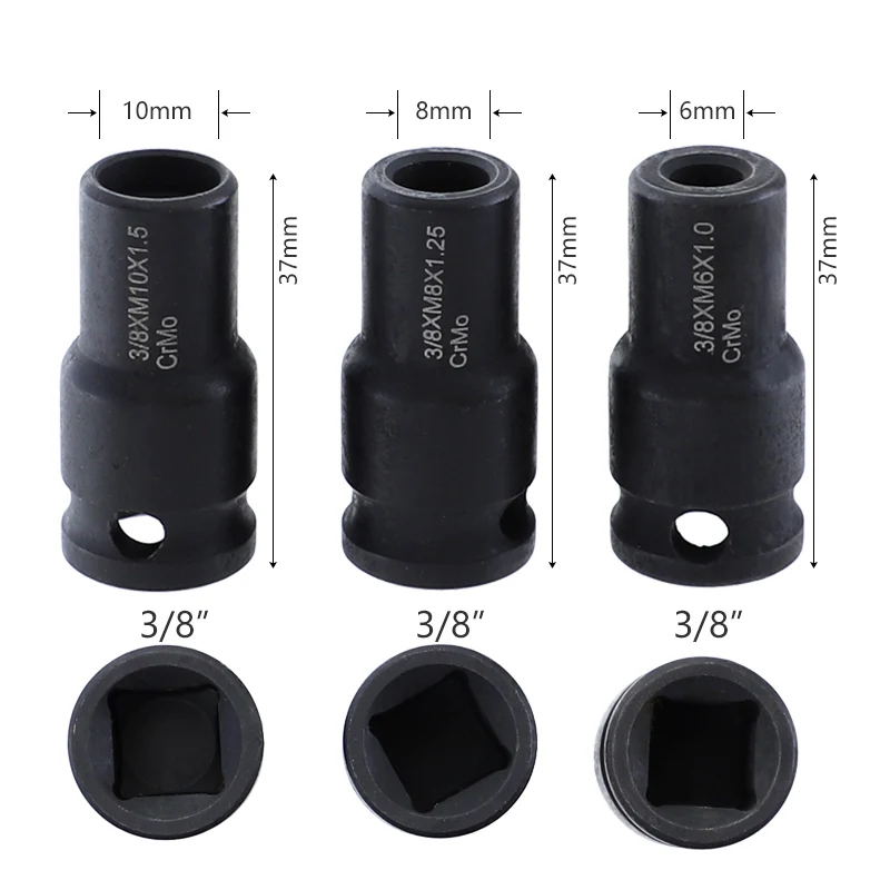 

3Pcs 6mm/8mm/10mm Socket Adapter Cr-Mo Socket Holder 3/8 Inch Square Driver Bolt Driver for Hanger Bolts Thread Tools