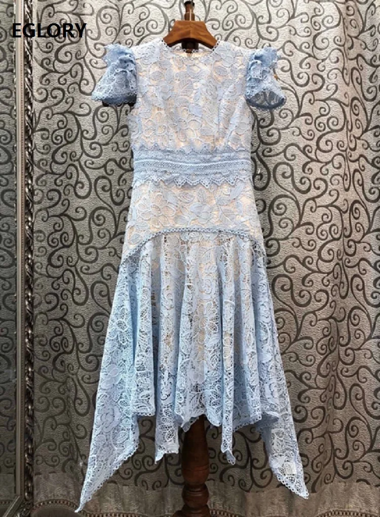 

Top Quality New Lace Dress 2020 Summer Party Events Women O-Neck Allover Lace Crochet Embroidery Short Sleeve Sexy Blue Dress