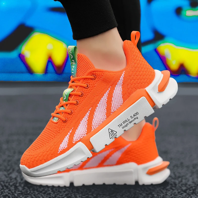 Spring New Orange Men's Running Sneakers Low-cut Knitted Sports Shoes for Women Lightweight Breathable Gym Shoes Men Trainers