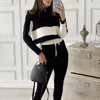 new autumn and winter turtleneck zipper black and white color matching elastic waist short sweatshirt female en