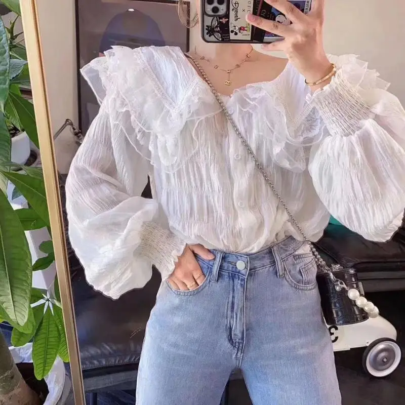 

Женская шифоновая блузка с расклешенными рукавами, однобортная свободная офисная блузка с оборками, модель S138 на каждый день, 2021