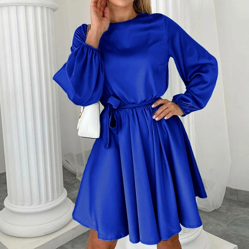 

Satin O-Neck Mini Dress Lady Fall Sashes Belt Elegant Dresses Women Puff Sleeve Pleated A-Line Solid Mini Dress Glossy