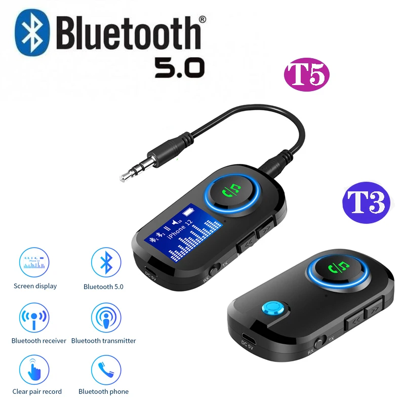 

T3 Bluetooth 5,0 аудио передатчик приемник AUX адаптер цифровой экран дисплей 2 в 1 3,5 мм подходит для ТВ автомобильный адаптер динамика