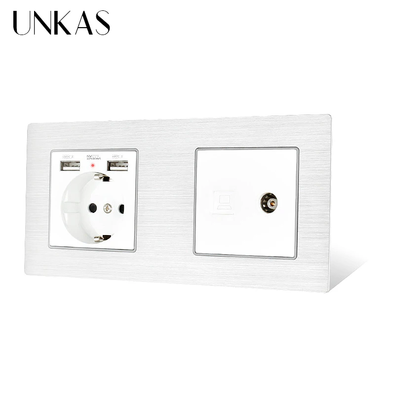 UNKAS Алюминий Панель Европейская розетка с Dual USB + RJ11 телефонное гнездо RJ45 данных