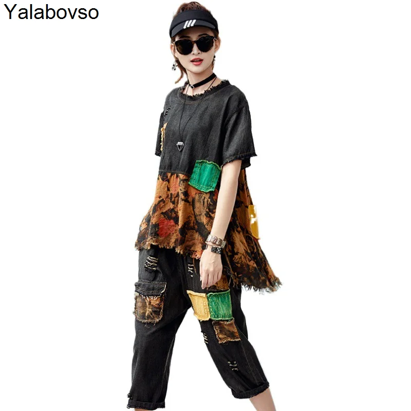 Женский джинсовый костюм из 2 предметов мягкий хлопковый с круглым вырезом топом