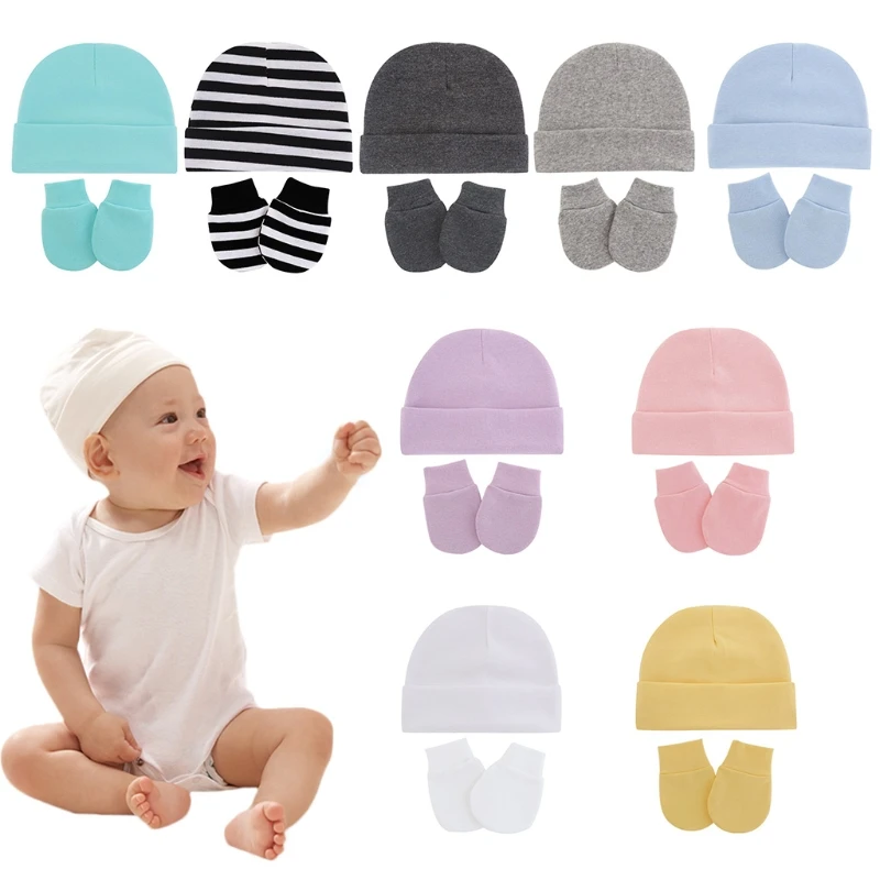 Newborn Infants Face Protection Scratch Mittens Warm Cap Kit Baby Anti Scratching Cotton Gloves+Hat Set