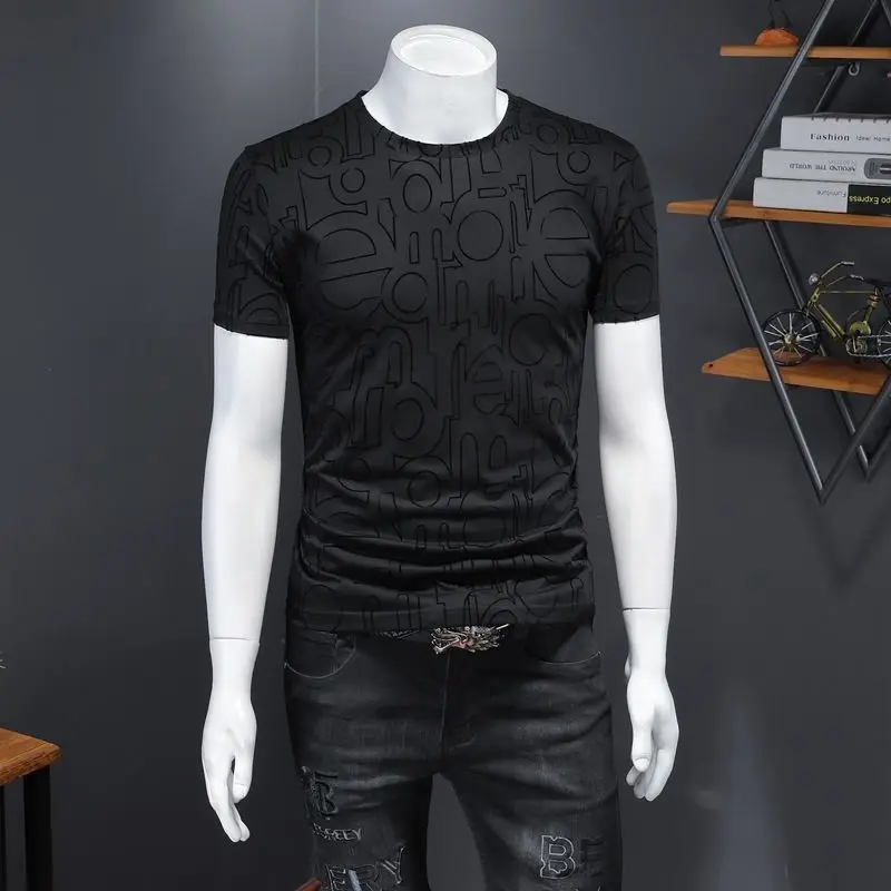 

Men's new summer letter dark flower short sleeve T-shirt youth round neck cool base shirt