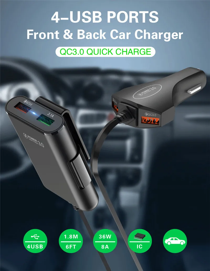 USLION, мульти USB, 4 порта, QC 3,0, автомобильное зарядное устройство, быстрая зарядка, телефон, быстрая зарядка, передний задний сиденье, зажим, зарядный адаптер, портативная вилка для iPhone