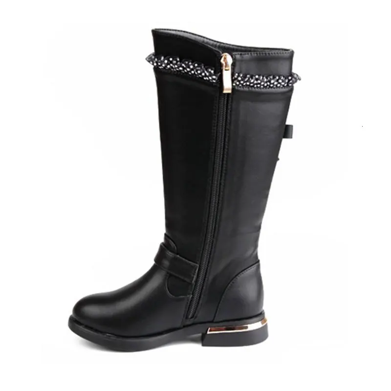 

Girl elegant lace crystal boots black red non-slip PU leather shoes code 26-37 long princess spring winter middle calf boots