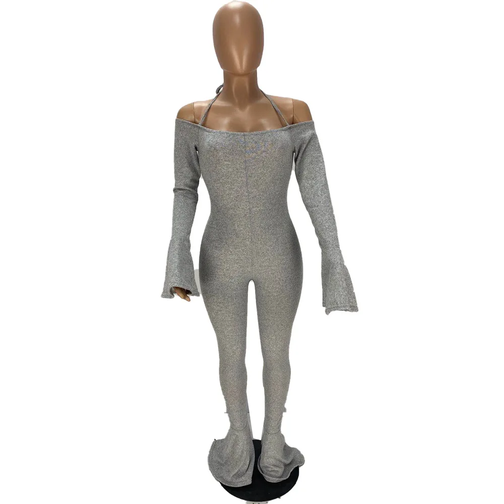 

Hot Selling Fashion Casual Halter Jumpsuits Solid Color Slim Long Sleeves European and American Female One Piece Romper