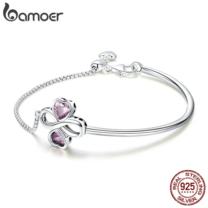 BAMOER 925 пробы серебряный Элегантный Клевер Любовь Розовый CZ браслеты и браслеты для женщин Оригинальные Ювелирные изделия из стерлингового серебра SCB092