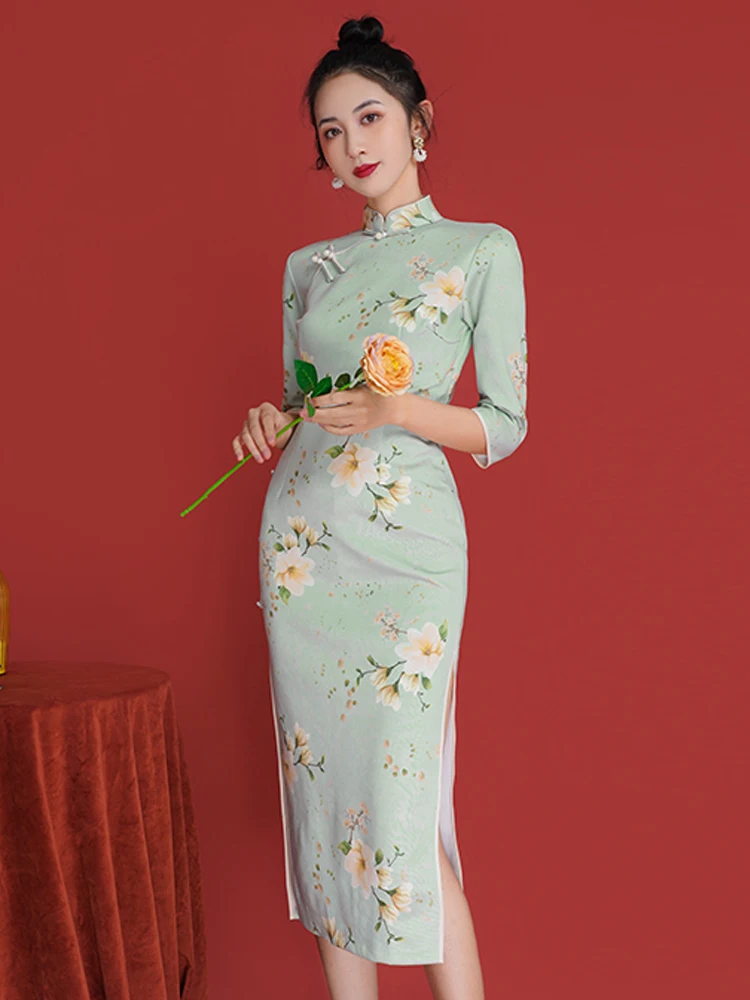 

Женское платье в китайском стиле, Замшевое платье средней длины с Боковым Разрезом и принтом в стиле ретро, осень 2021