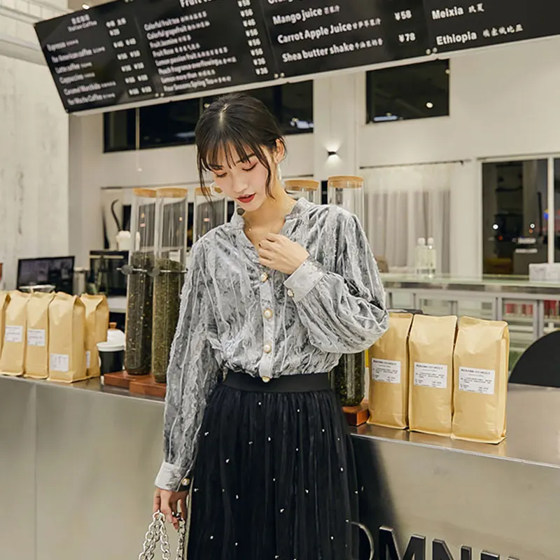 CHEERART V Neck Velvet Blouse Long Sleeve Lace Patchwork Ladies Top Vintage Fall Korean Fashion Clothing | Женская одежда