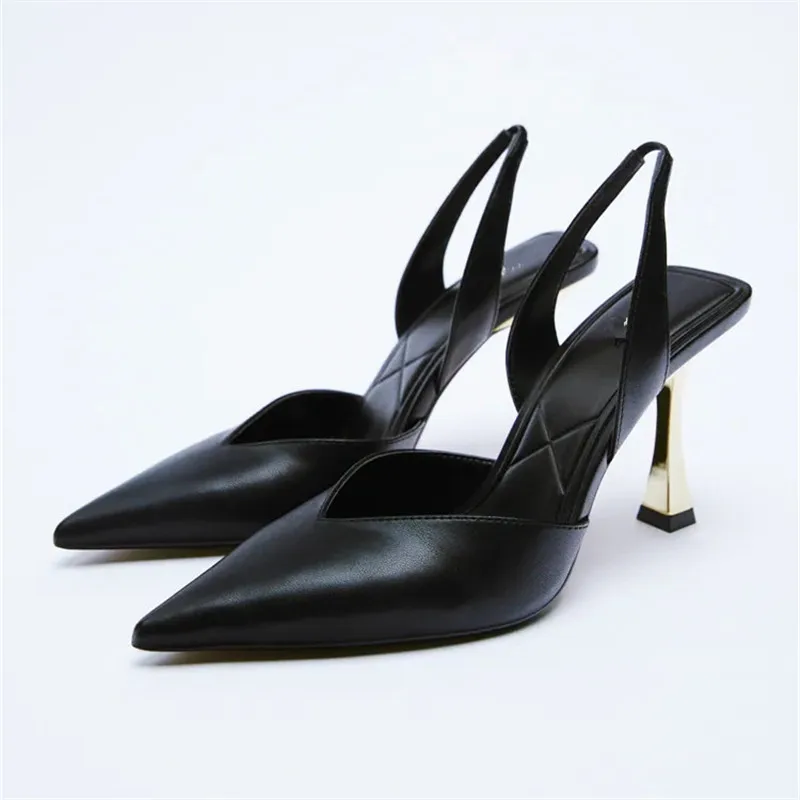 

TRAF Za Metallic Heeled Shoes Women Slingback Black Party Shoes Woman High Heels Sexy V-Vamp Sandals Elegant Pointed Toe Pumps