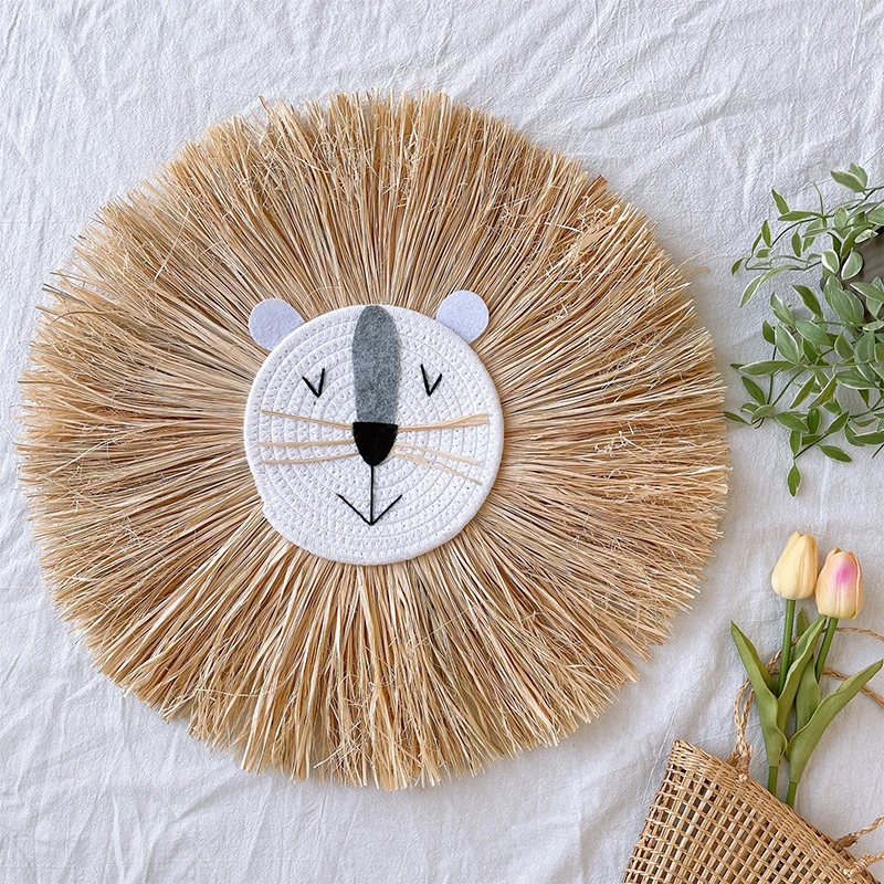 

Hand-woven Cartoon Lion Tiger Straw Wall Tapestry Cotton Thread Weaving Home Hanging Handcraft Children Room Decoration Crafts