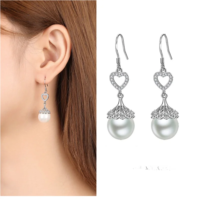 

Trendy Heart-shaped Flower Earrings Women Delicate Personalized Pearl Earrings Silver 925 Girls Drop Accessories On Ear Female