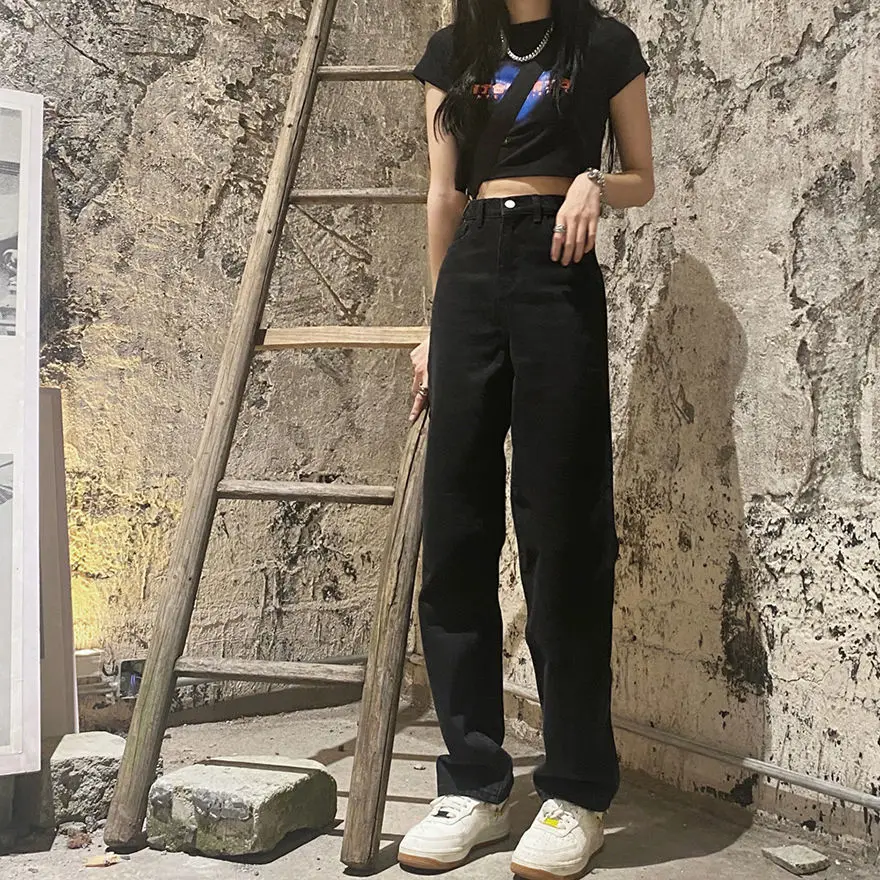 Autumn New Denim Back Women Jeans High Waist Loose Straight Pants Casual Female black Trousers Large Size Mom Long Pants