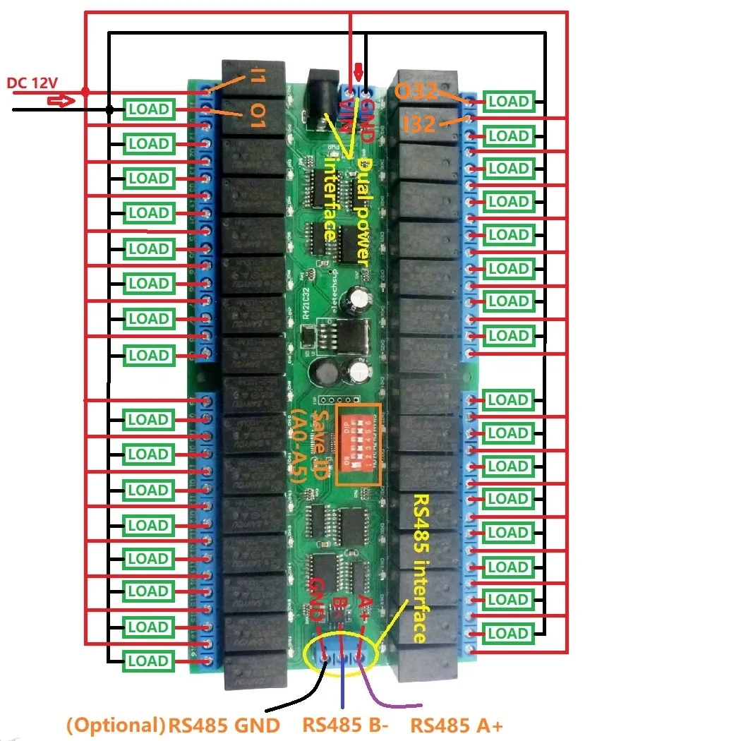 R421C32 32-канальный DC 12 В RS-485 Modbus RTU Релейная плата RS485 Переключатель дистанционного