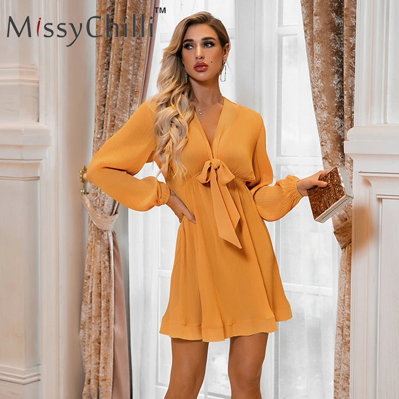 Платье MissyChilli женское желтое с рукавами фонариками треугольным вырезом на